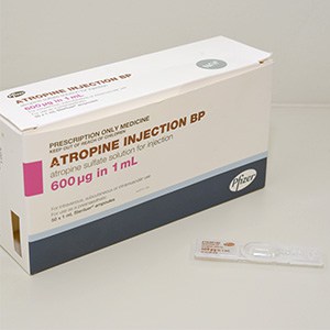 Medication box with the name Atropine Injection BP. Next to the box is a vial.