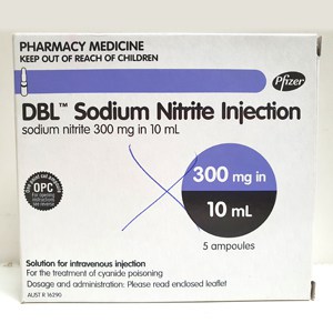 Medication box with the name DBL Soduim Nitrite Injection.