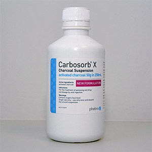 Medication bottle with the name Carosorb bX Charcoal Suspension