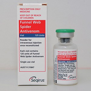 Medication box with the name Funnel Web Spider Antivenom. A vial next to the box.