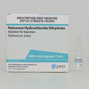 Medication box with the name Naloxone Hydrochloride Dihydrate. A vial next to the box.