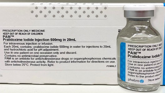 Medication box with the name PAM Pralidoxime Iodide Injection. A vial next to the box.