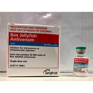 Medication box with the name Box Jellyfish Antivenom. A vial next to the box.