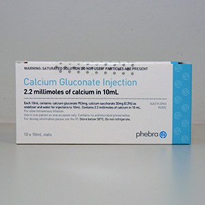 Medication box with the name Calcium Gluconate Injection.