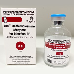 Medication box with the name DBL Desferrioxamine Mesylate for injection BP. A vial next to the box.