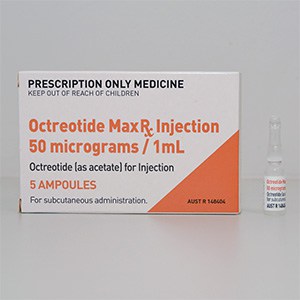 Medication box with the name Octreotide MaxR Injection. A vial next to the box.
