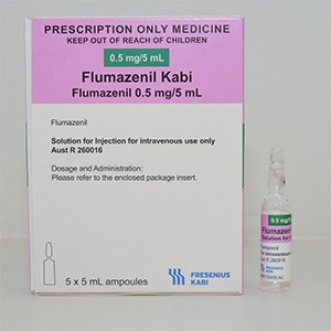 Medication box with the name Flumazenil Kabi. A vial next to the box.