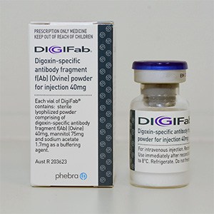 Medication box with the name DigiFab. A vial next to the box.