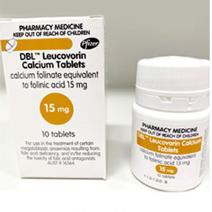 Medication box with the name DBL Leucorovin Calcium Tablets.