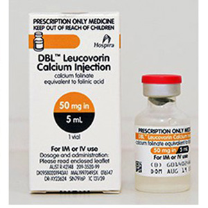 Medication box with the name DBL Leucorovin Calcium Injection. A vial next to the box.